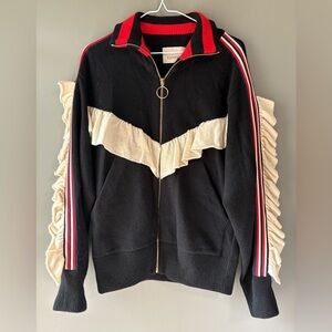 LANEUS, Size M Black and Cream Ruffle Jacket, 100% superfine wool, made in Italy